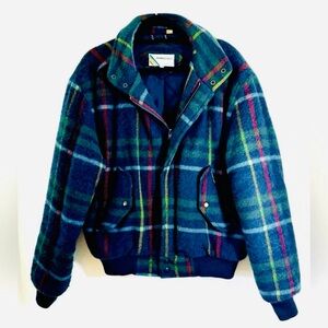 Vtg 80s Members Only Heavy Mohair and Wool Blue/Green tartan plaid bomber.S-40
